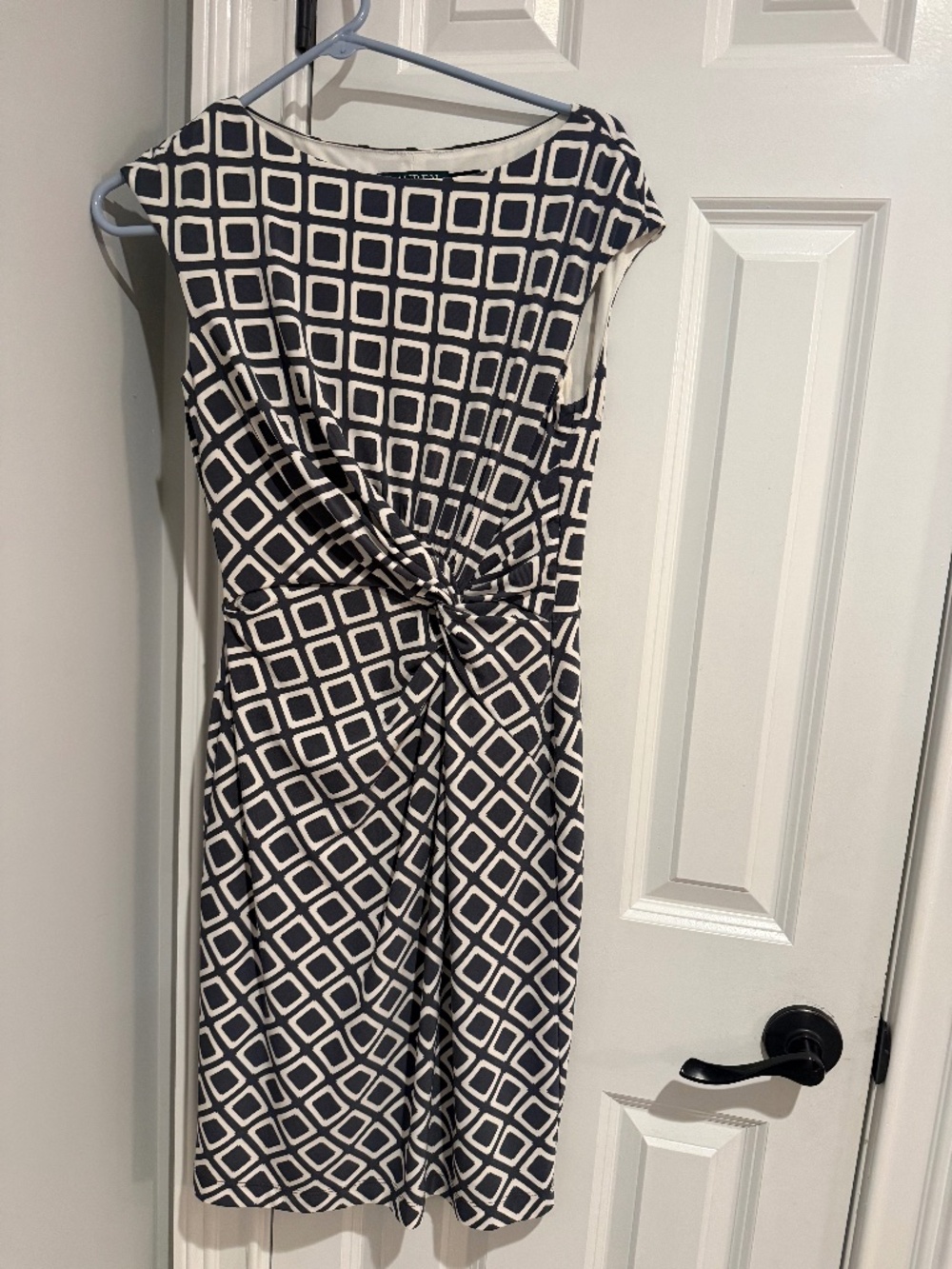 Lauren Ralph Lauren Navy White Geometric Twist Knot Sheath Dress 8P Petite Work